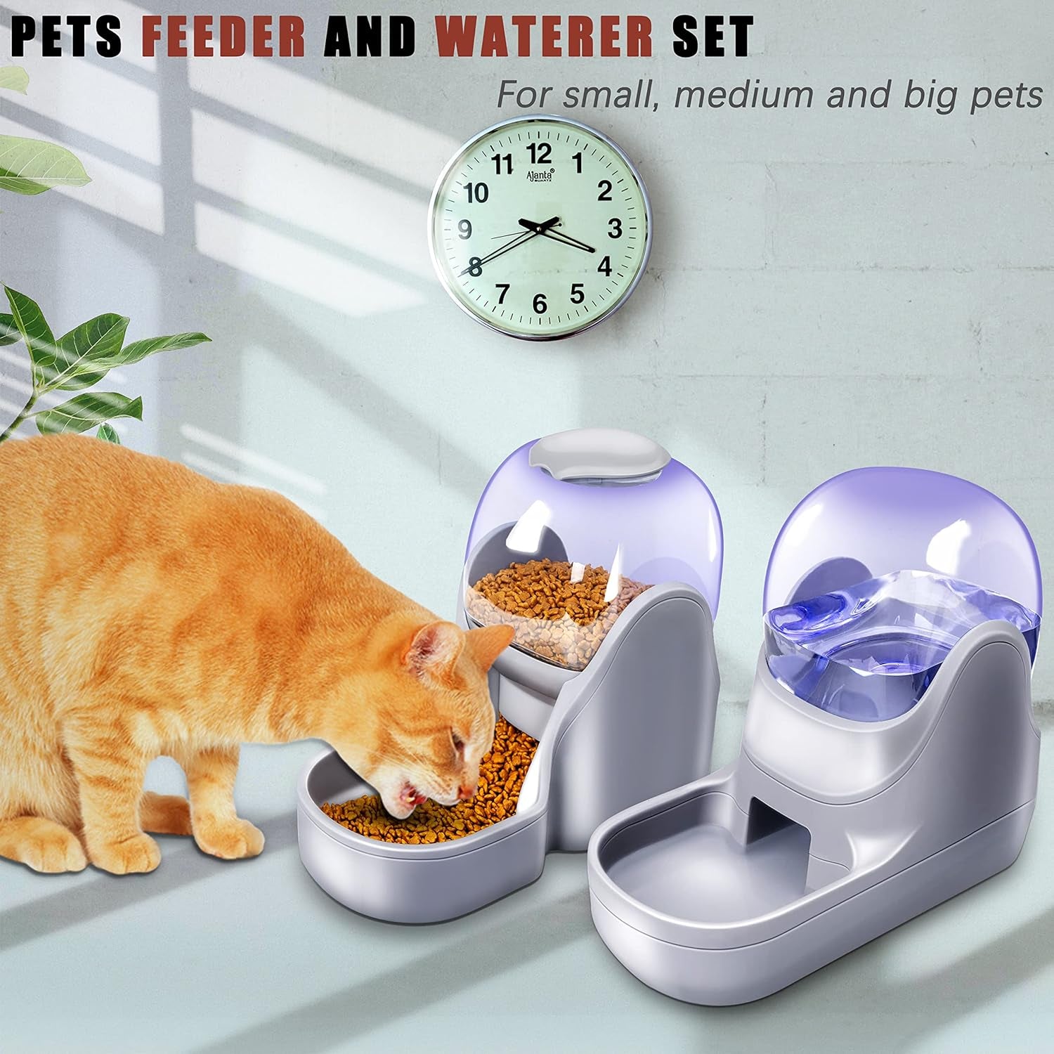 Automatic Dog and Cat Food Feeder and Water Dispenser Set with Stainless Steel Bowls,Gravity Pet Food and Water Feeders,100% Bpa-Free,Large Capacity for Cats Dogs Pets (Brown)