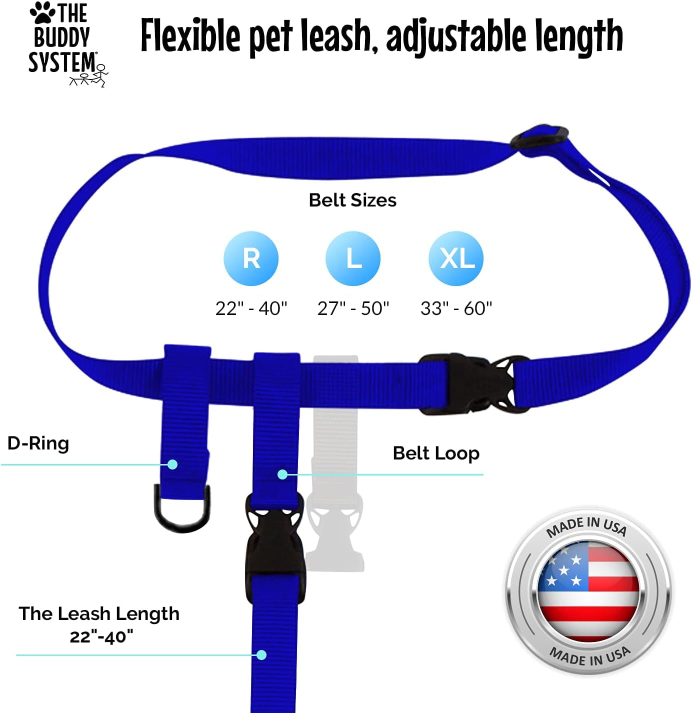 Hands Free Dog Leash, Adjustable Leash for Running, Jogging, Training and Service Dogs, Great for Small, Medium and Large Dogs, Made in USA (Royal Blue, Large Belt (27